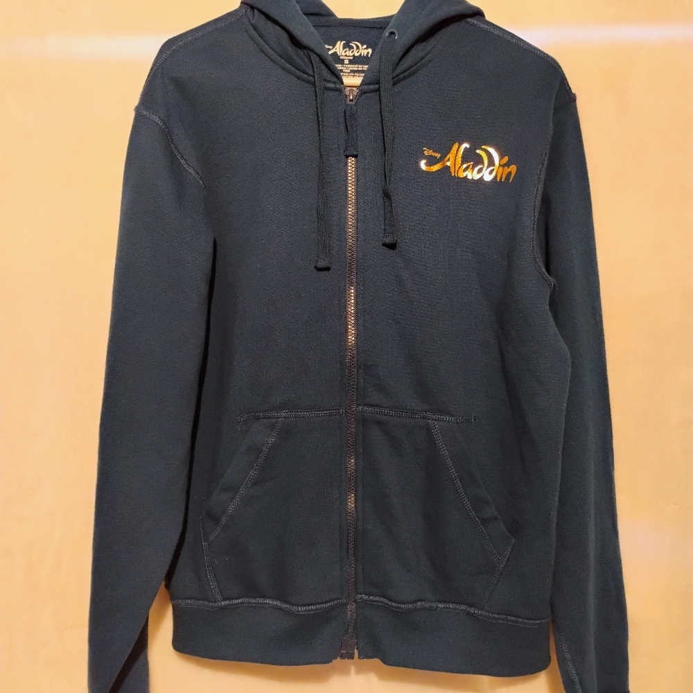 Disney Aladdin Zip Up Hoodie Blue‎ Gold Genie Lamp Sz Small Broadway Musical B